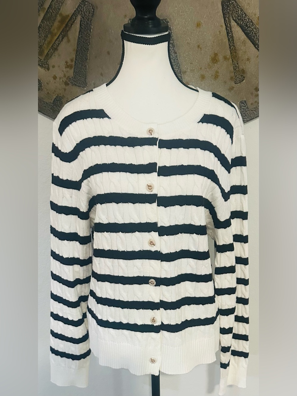 Striped Button-Front Crewneck Sweater - White & Black
